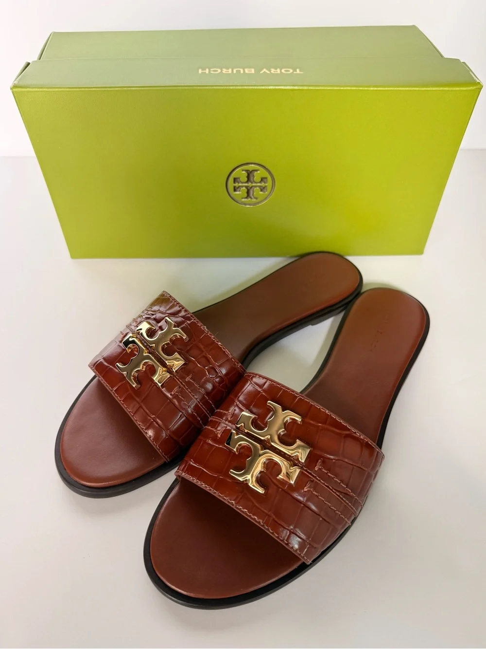 Tory Burch Everly Slide Sandals Warm Amber Croc Embossed Leather Size 10